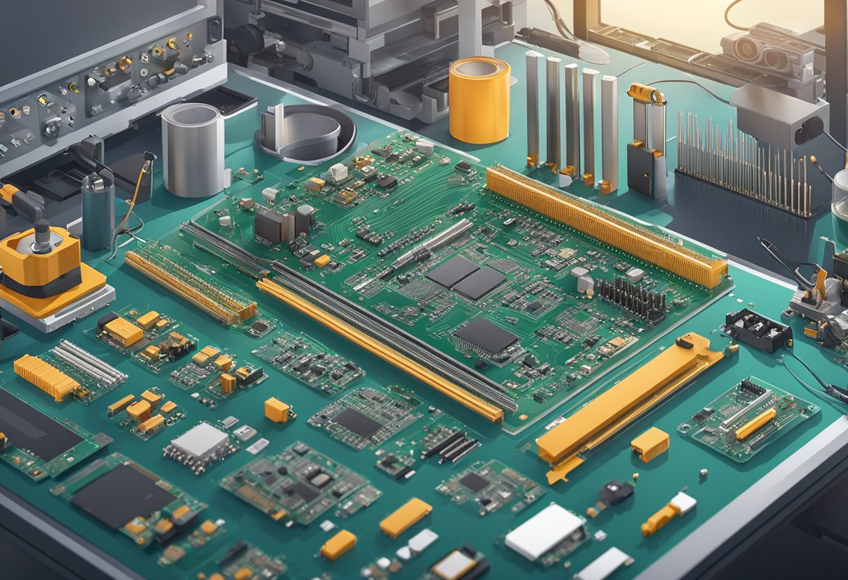 Various PCB assembly types laid out on a workbench with components, soldering tools, and machines in the background