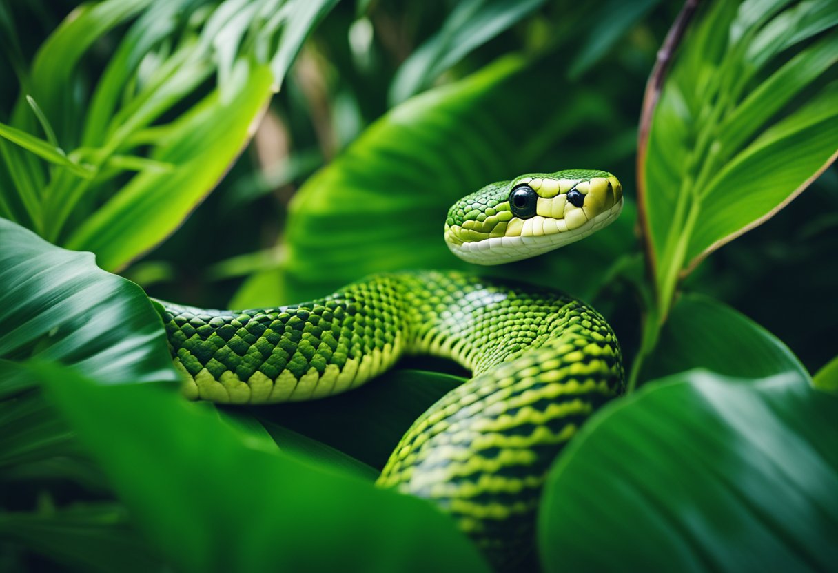 Tropical foliage surrounds a coiled snake in Hawaii. Bright colors and intricate patterns adorn its scales, blending into the lush environment