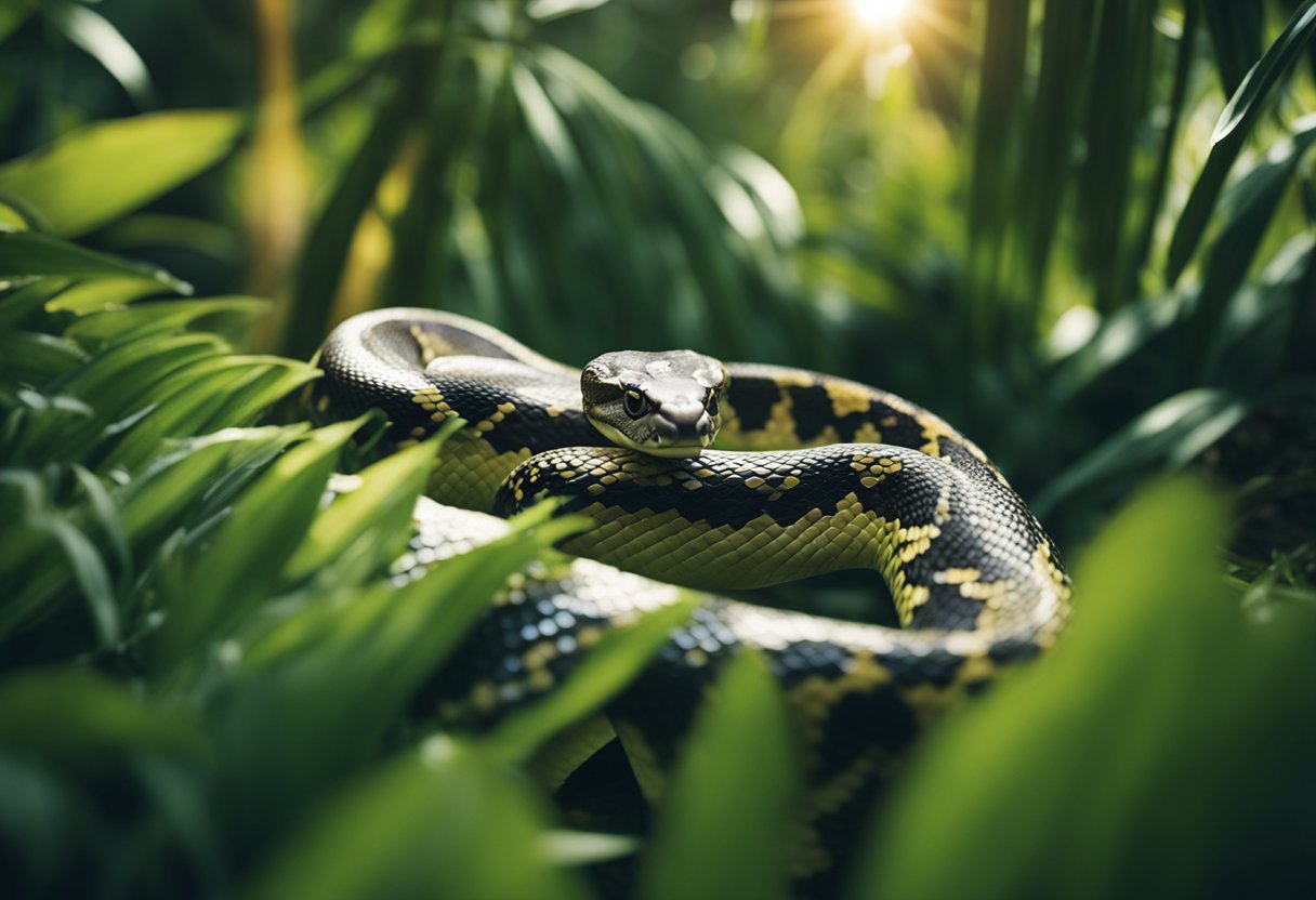 A python slithers through lush Hawaiian foliage, its scales glistening in the sunlight as it searches for prey