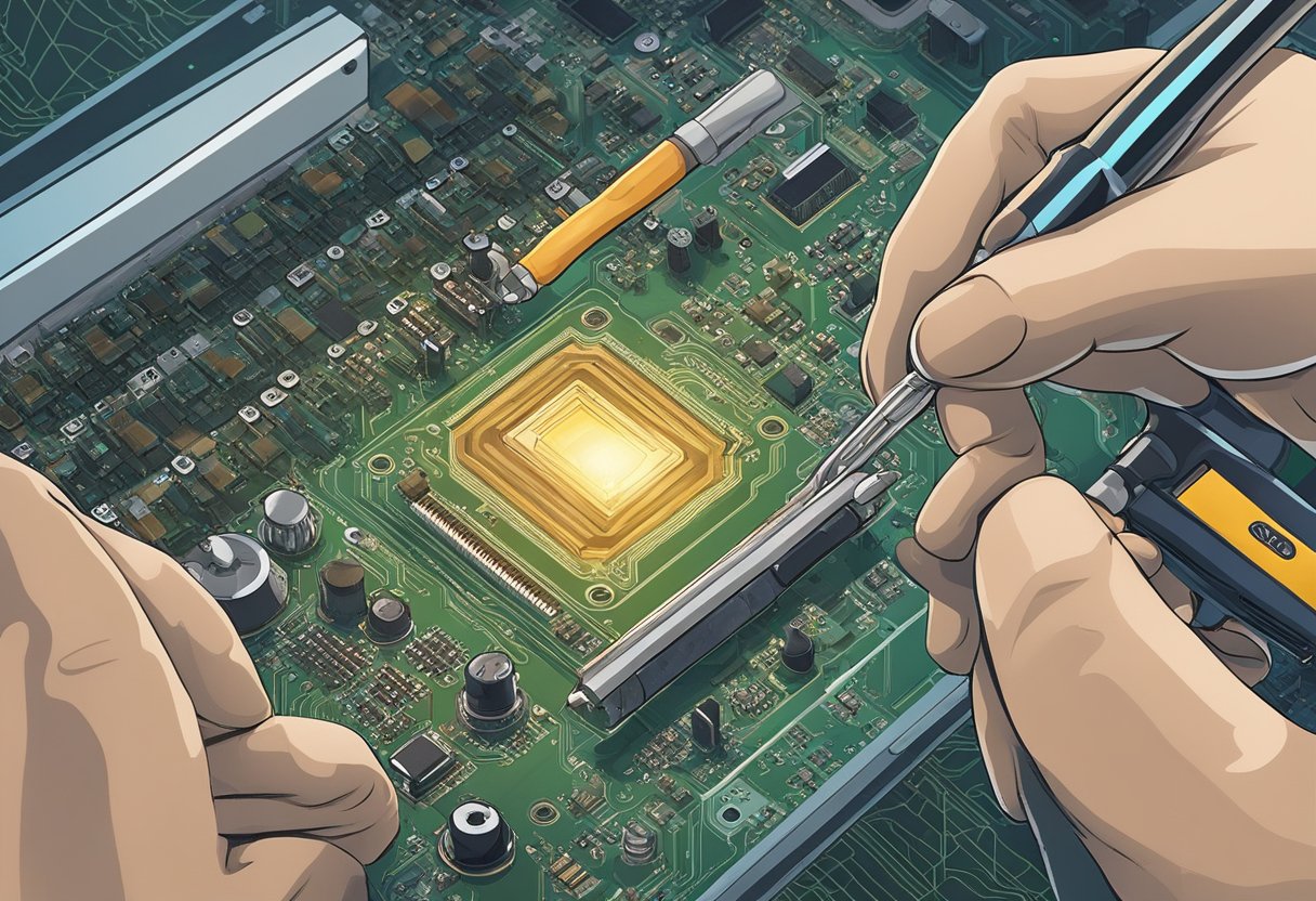 A hand holding a soldering iron hovers over a printed circuit board, carefully applying solder to the connections. Smoky fumes rise as the iron melts the solder onto the board