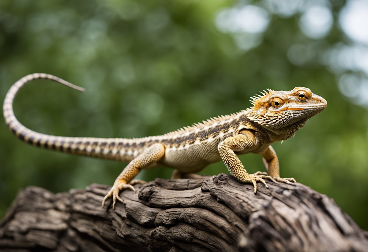 A bearded dragon stands on a branch, its body stretched out to display its full size. The reptile's scales and spiky beard are prominent, showing off its impressive size