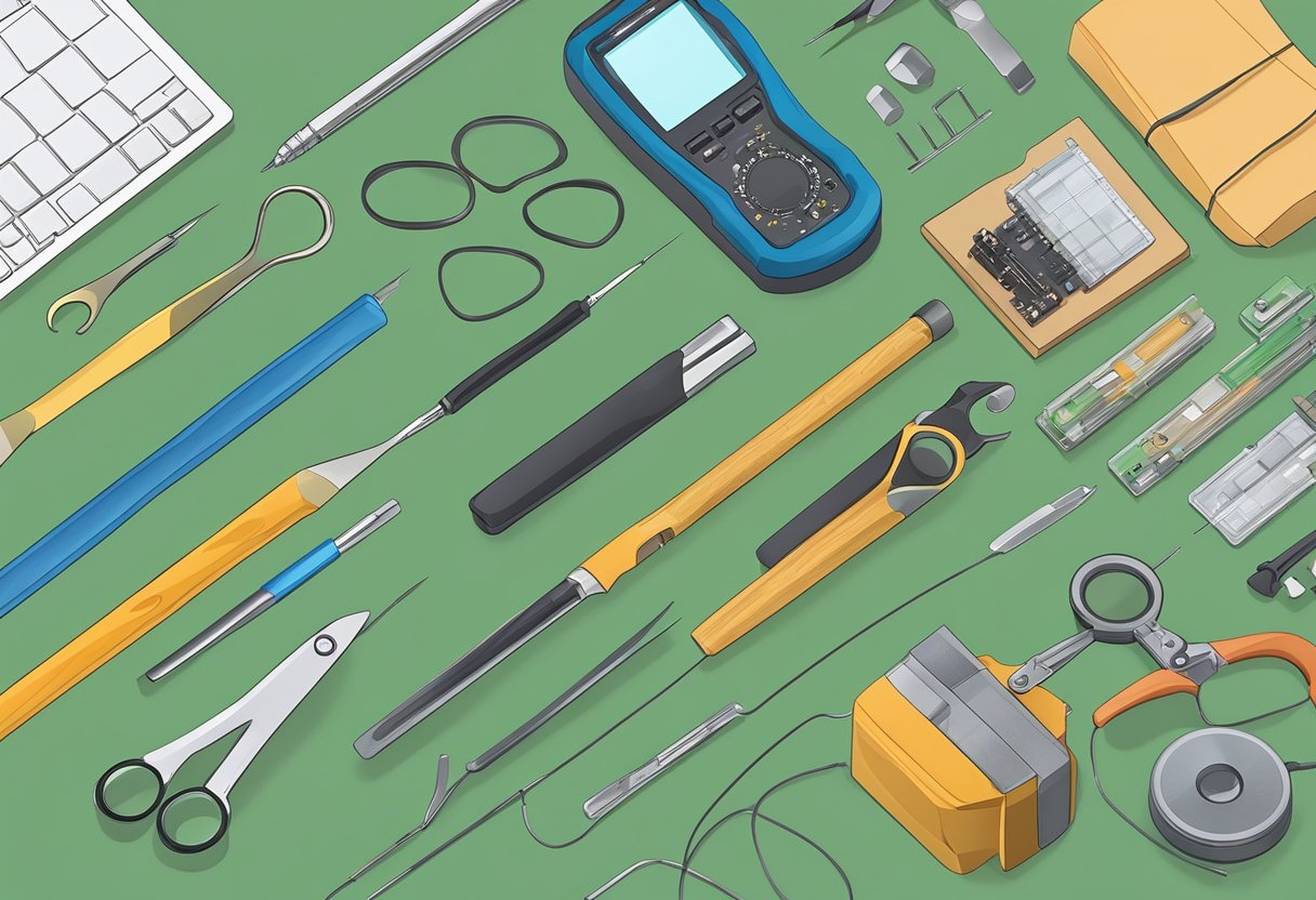 Various PCB assembly tools lay on a workbench: soldering iron, tweezers, wire cutters, and a magnifying glass