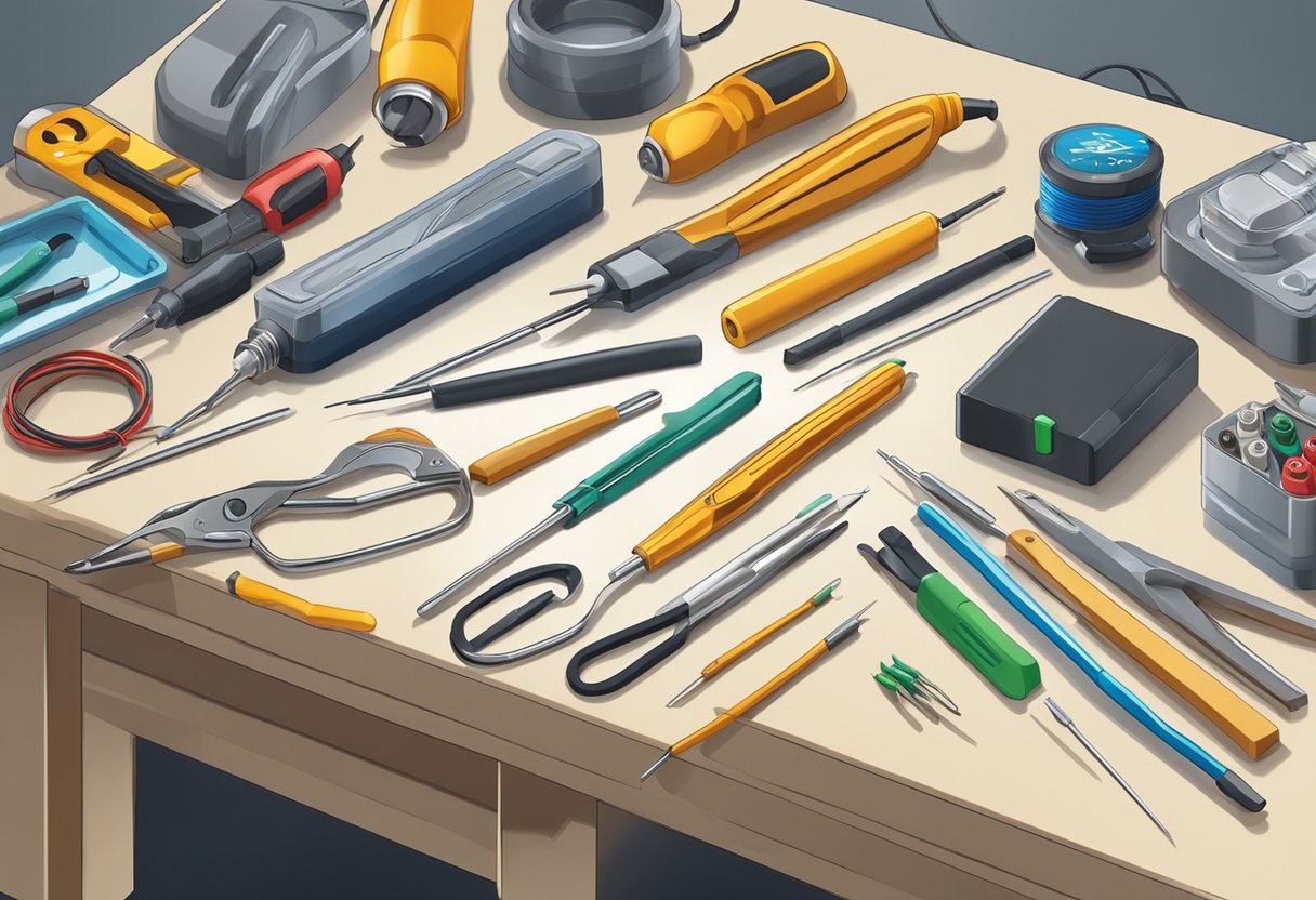 Various tools like soldering iron, tweezers, wire cutters, and screwdrivers lay on a clean workbench in a well-lit room