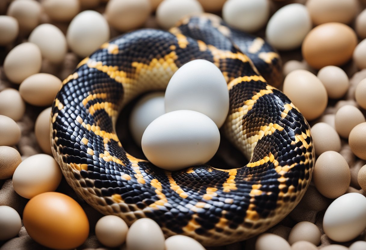 A snake coils around a clutch of eggs, incubating them with its body heat. The eggs crack open, revealing tiny, squirming snake hatchlings
