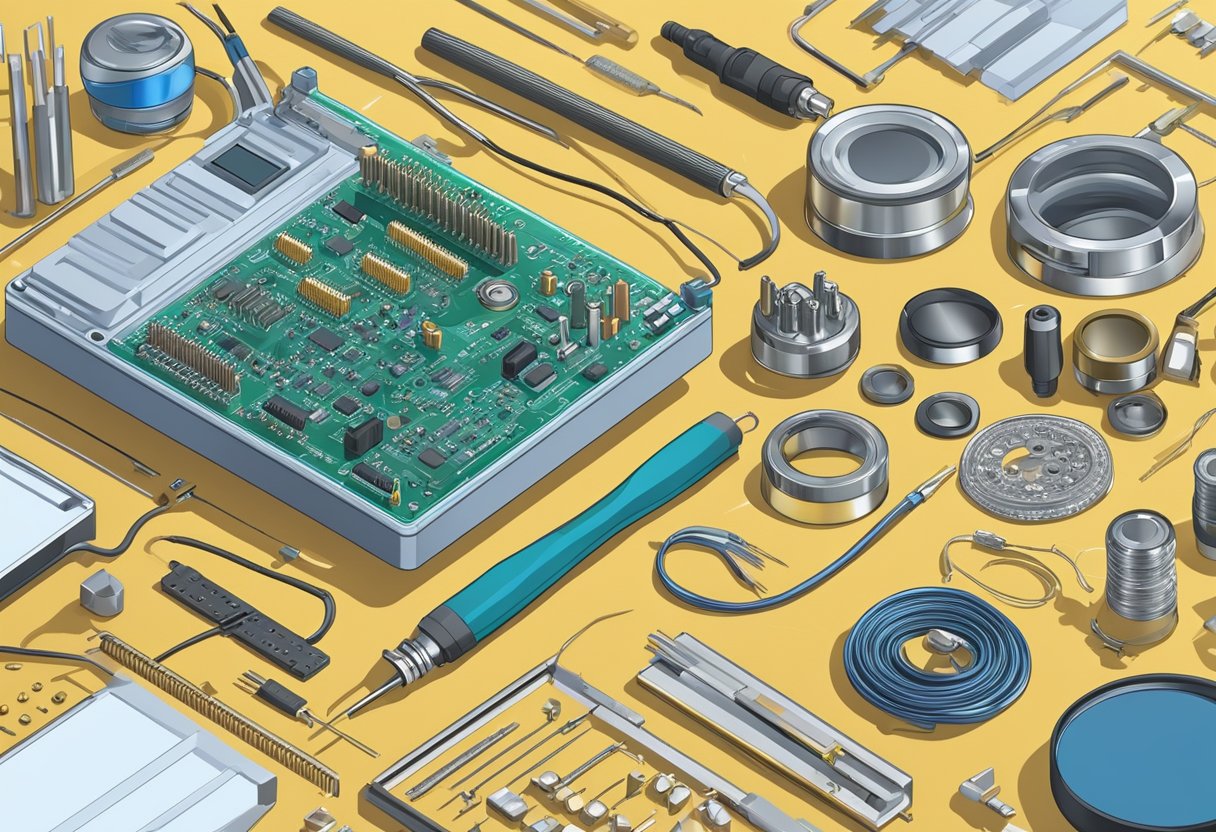 A workbench with soldering iron, flux, solder wire, tweezers, PCB holder, and magnifying glass. Components and PCB layout in the background