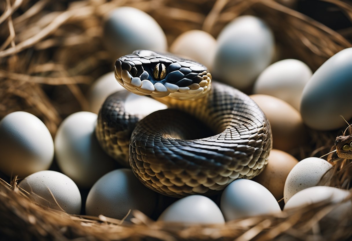A snake coils around a clutch of eggs in a hidden nest, carefully arranging them in a warm, protective embrace
