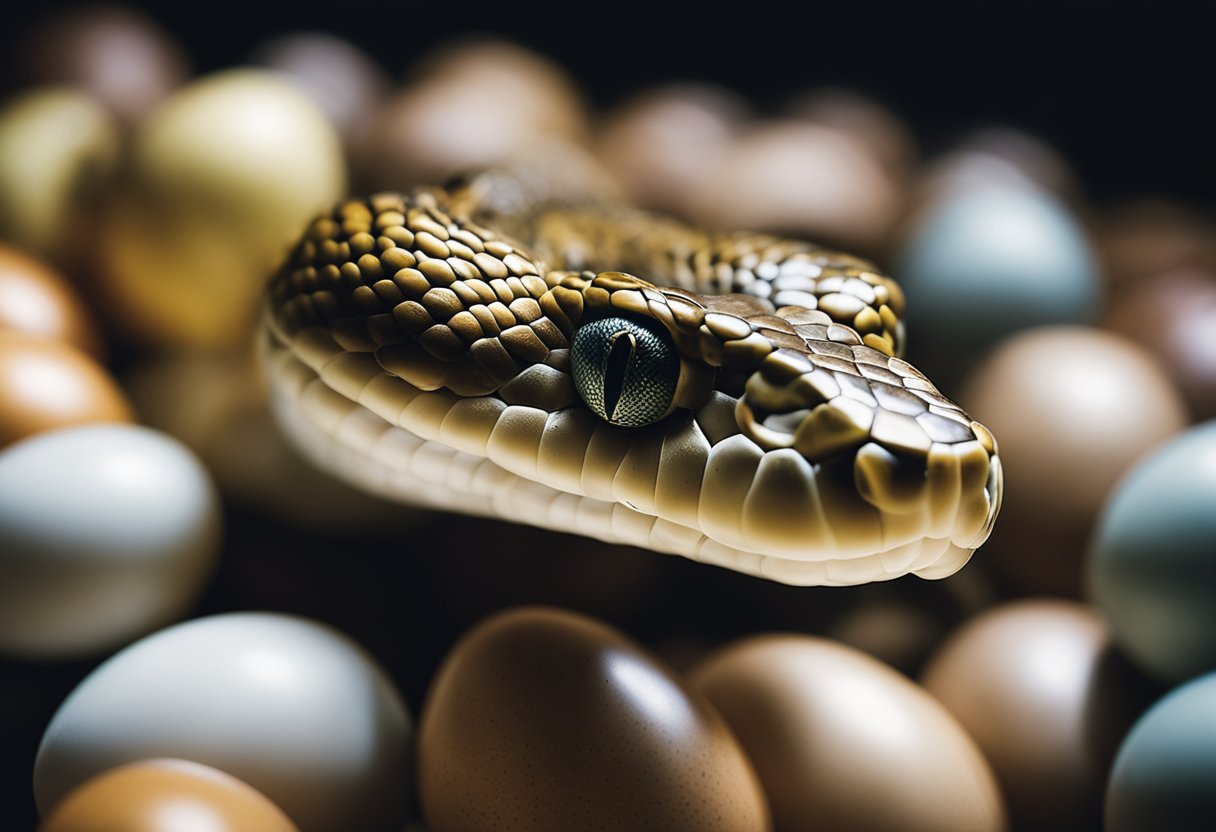 A snake coils around a clutch of eggs, nestled in a warm, dark chamber