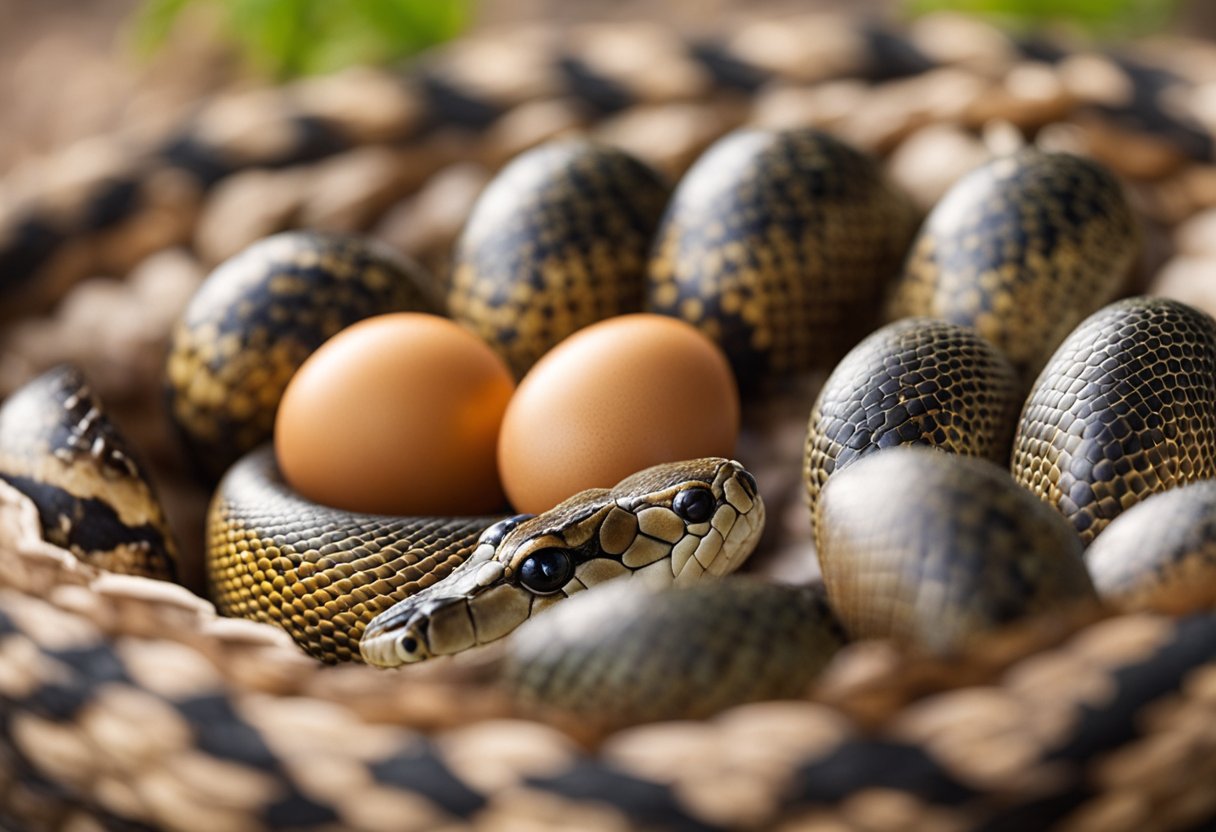 A snake coils around a clutch of eggs, using its body to provide warmth and protection as it prepares to lay its eggs