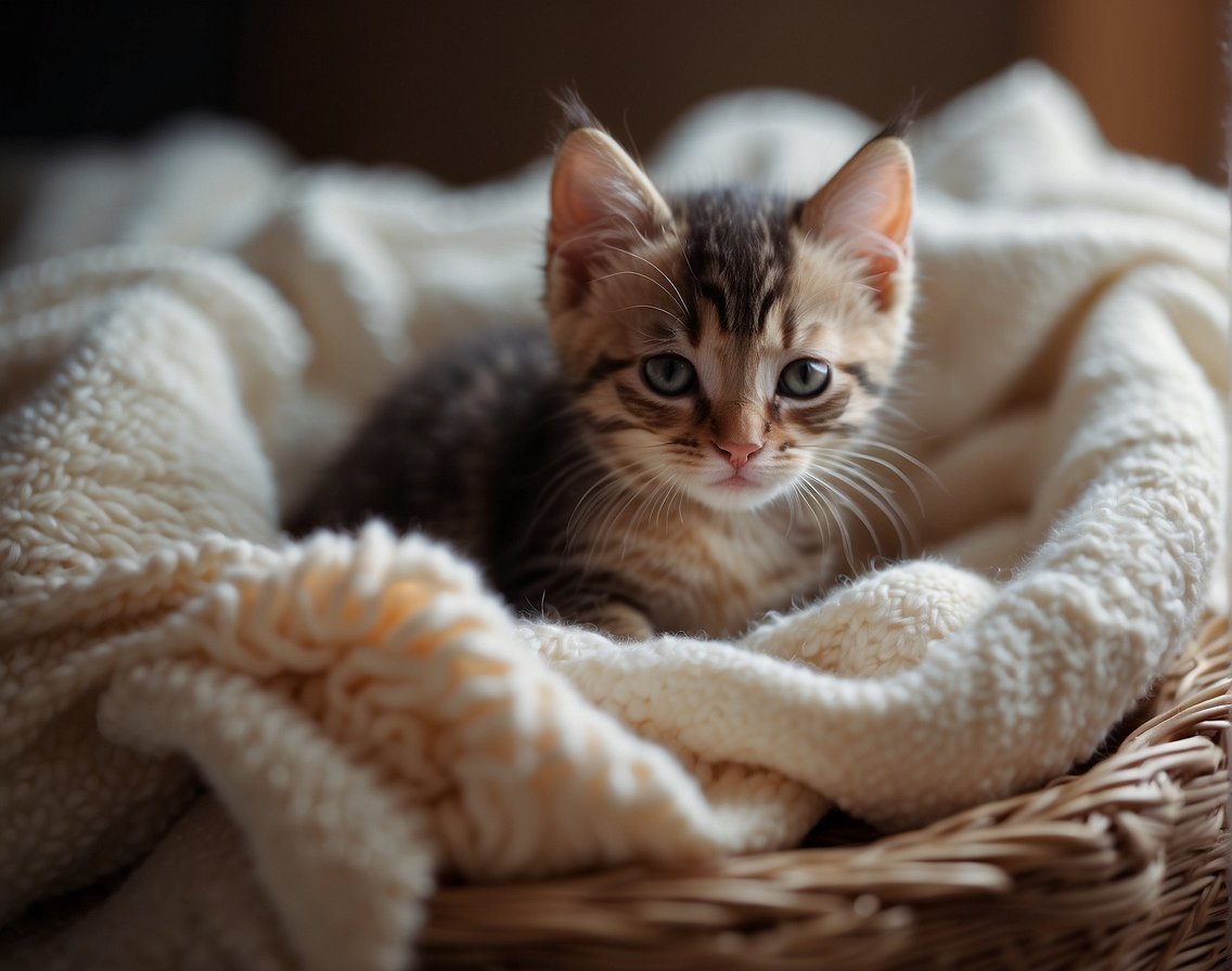 A newborn kitten lies alone in a cozy nest, surrounded by soft blankets and a warm heat source. Nearby, a small bowl of milk replacement formula sits ready for feeding