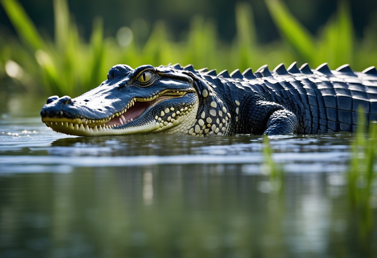 An alligator dashes across a marshy wetland, its powerful legs propelling it forward with impressive speed. Surrounding vegetation and water suggest the influence of habitat on the alligator's agility