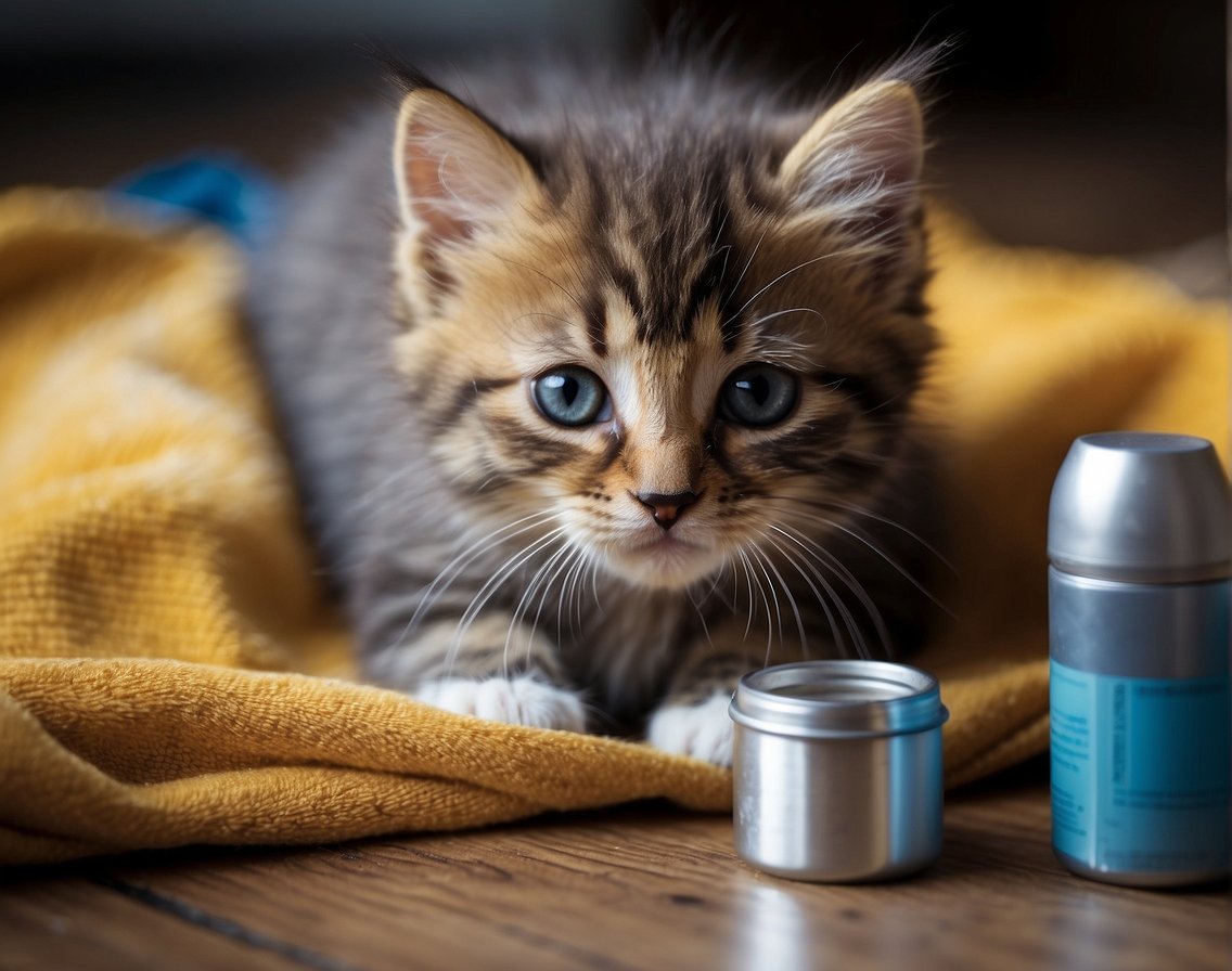 A tiny, helpless kitten mewing for warmth and nourishment, surrounded by makeshift bedding and a bottle of kitten formula