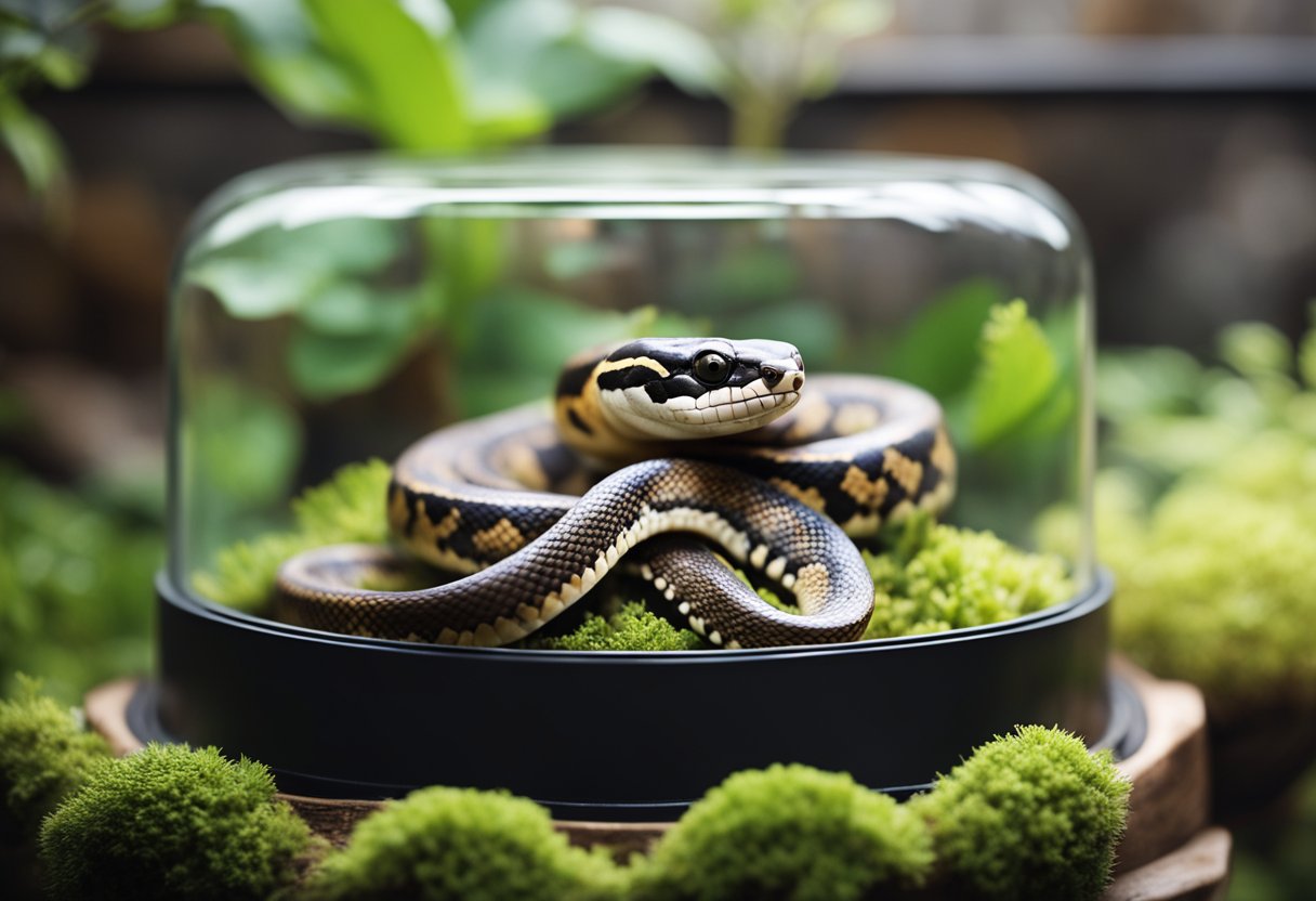 A ball python coils in its terrarium, head raised, flicking its tongue. An empty food dish sits nearby