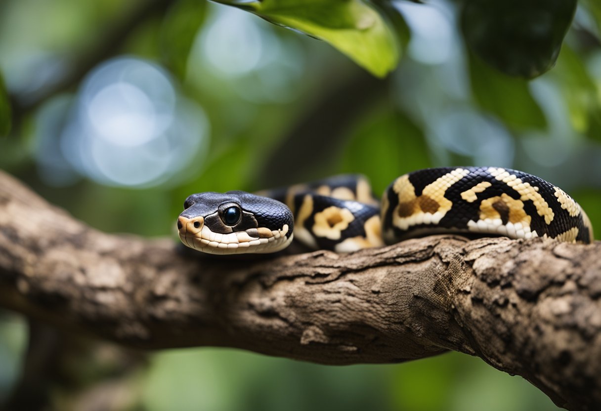 A ball python coiled around a branch, with sunken eyes and dull scales, surrounded by empty food dishes