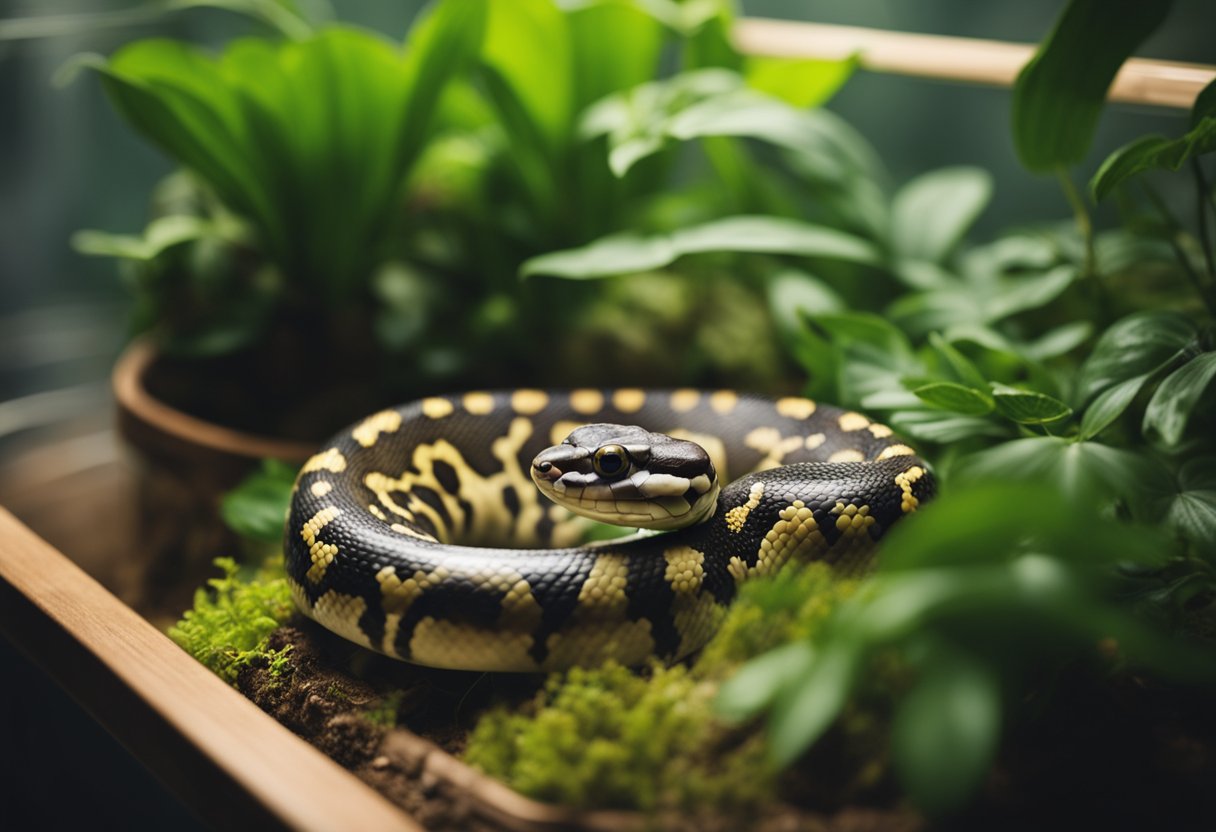 A ball python coils in a spacious terrarium, surrounded by foliage and a heat lamp. A small dish of water sits nearby