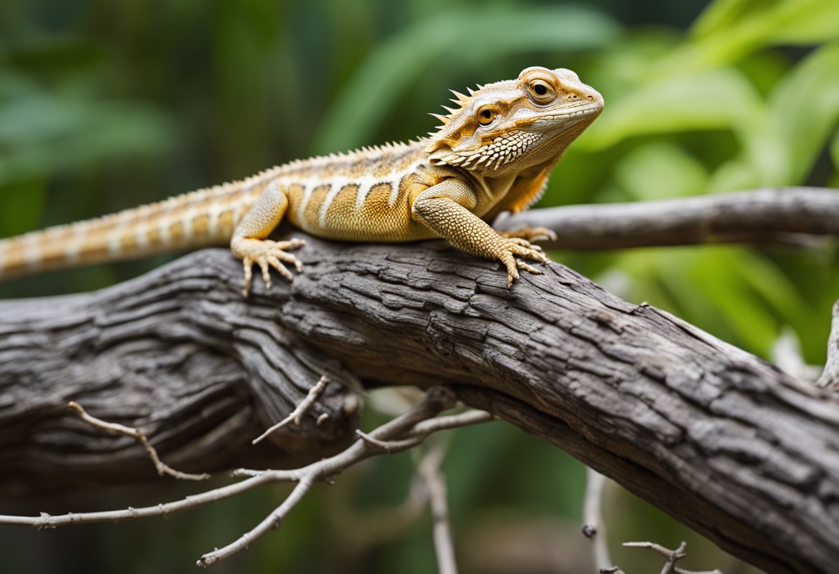A bearded dragon sits on a branch, its eyes focused on a distant prey. Its stomach is slightly sunken, indicating hunger