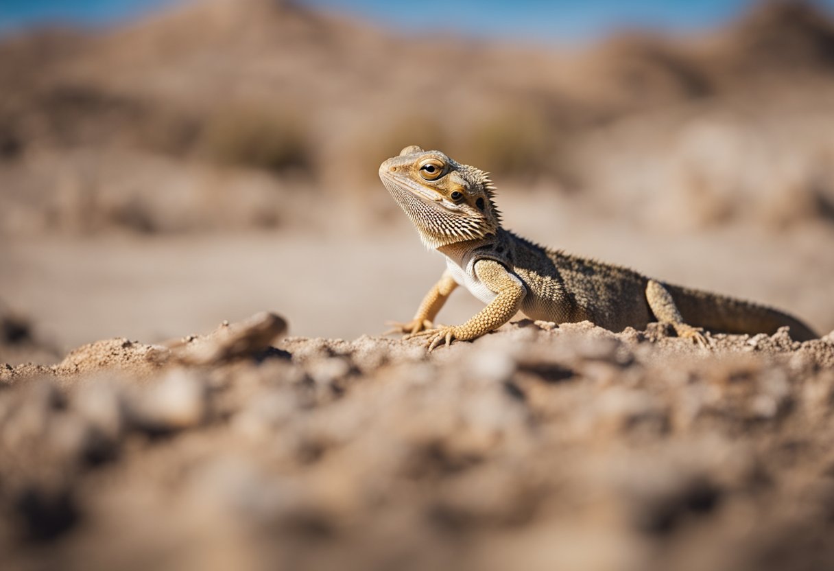A bearded dragon sits on a barren desert landscape, its eyes drooping from hunger. Its body is weak, ribs visible under its dry, scaly skin
