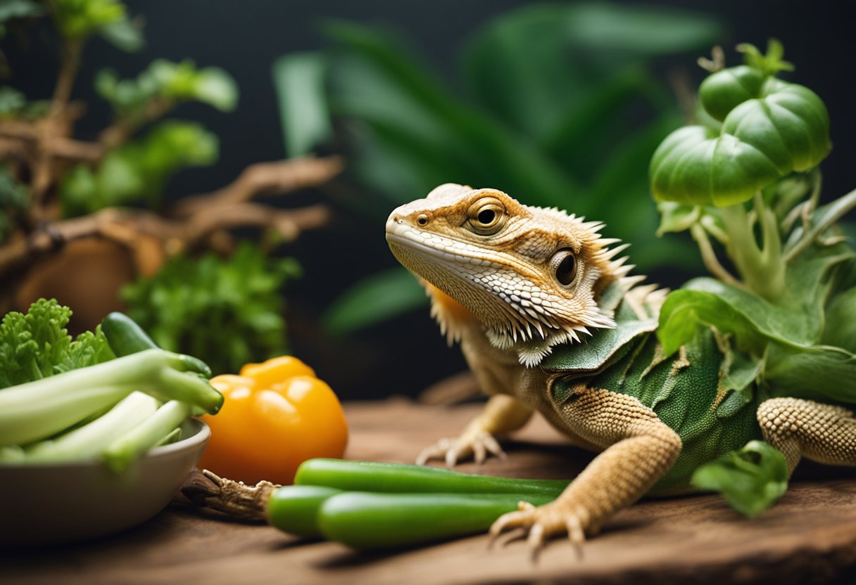 A bearded dragon sits on a branch, its eyes alert as it watches a bowl of fresh vegetables and insects being placed in its terrarium