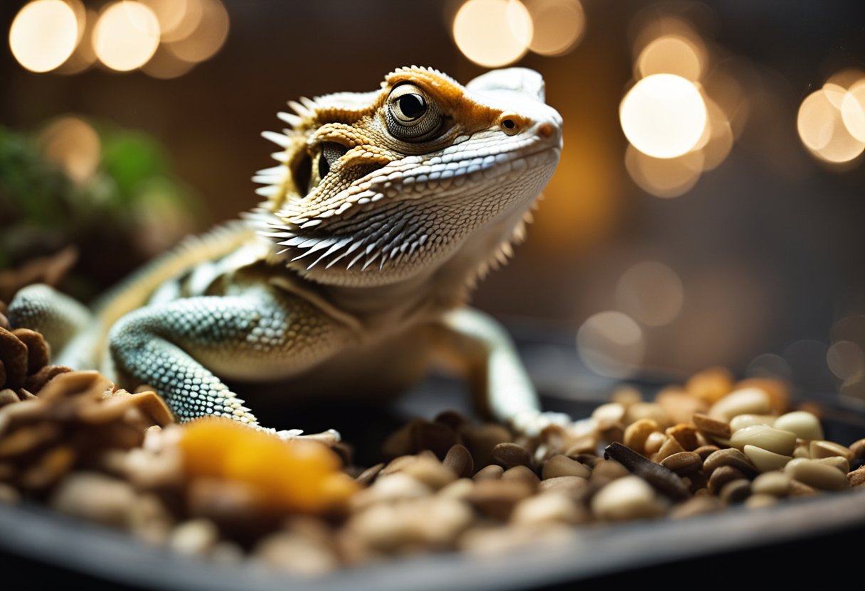 A bearded dragon sits in its terrarium, surrounded by empty food dishes. Its eyes are drooping, and its body appears lethargic