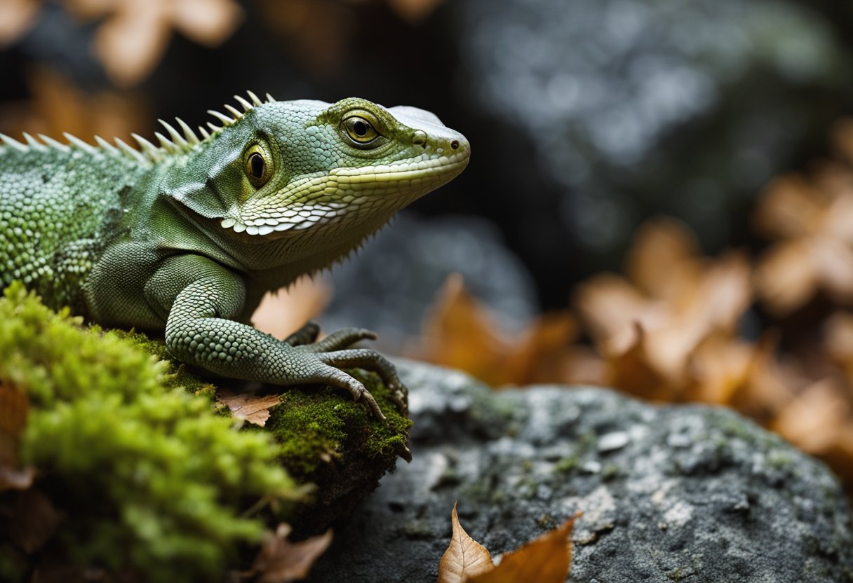 An old lizard basking on a weathered rock, scales fading and eyes clouded, surrounded by fallen leaves and moss