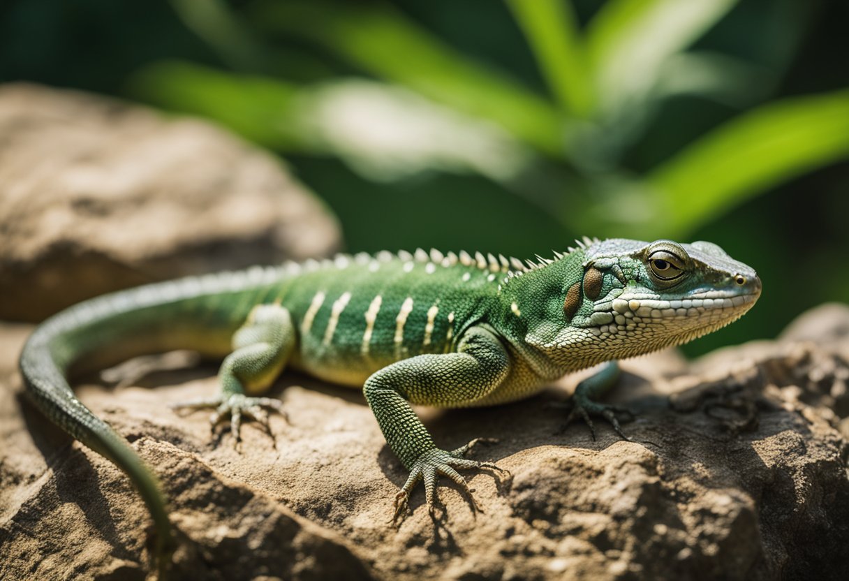 A lizard basks on a sun-drenched rock, surrounded by lush greenery and small insects. Its scales glisten in the sunlight as it leisurely moves along the warm surface