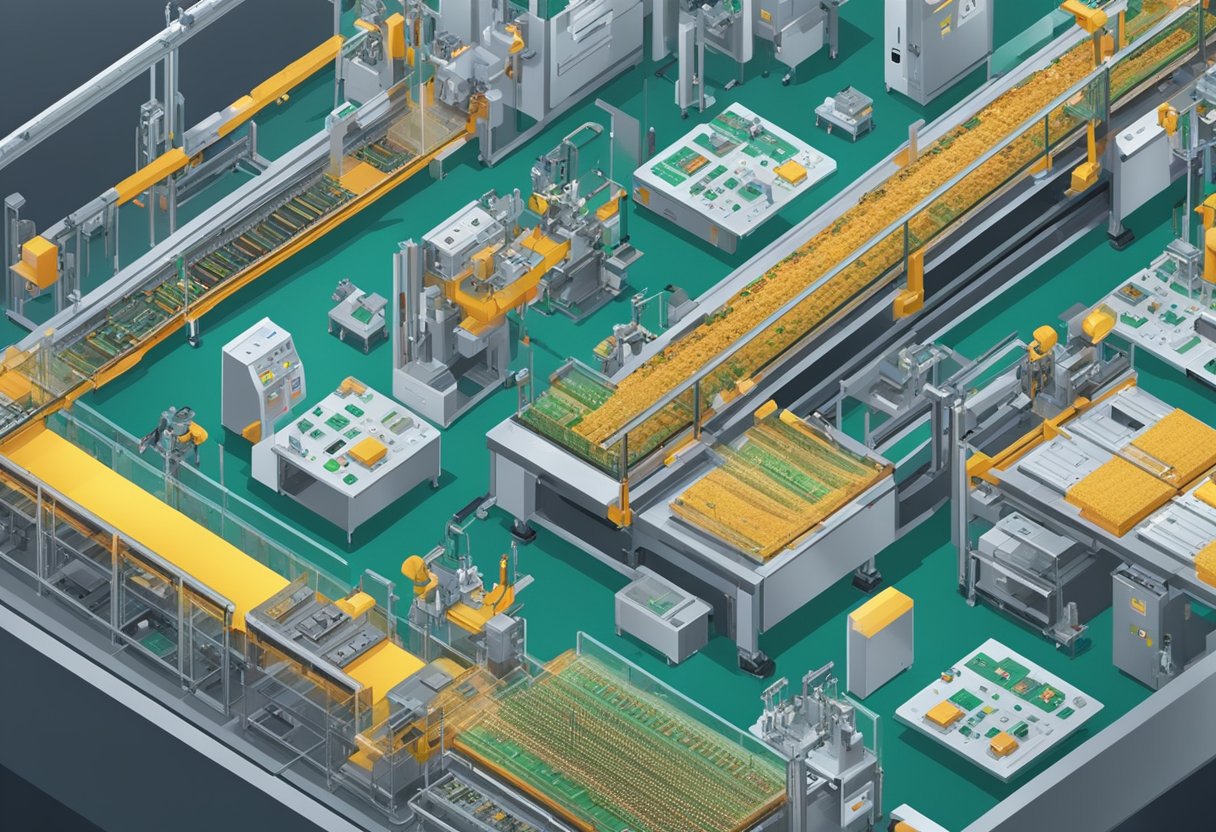 A conveyor belt moves printed circuit boards through a factory, where robotic arms carefully place electronic components onto the boards