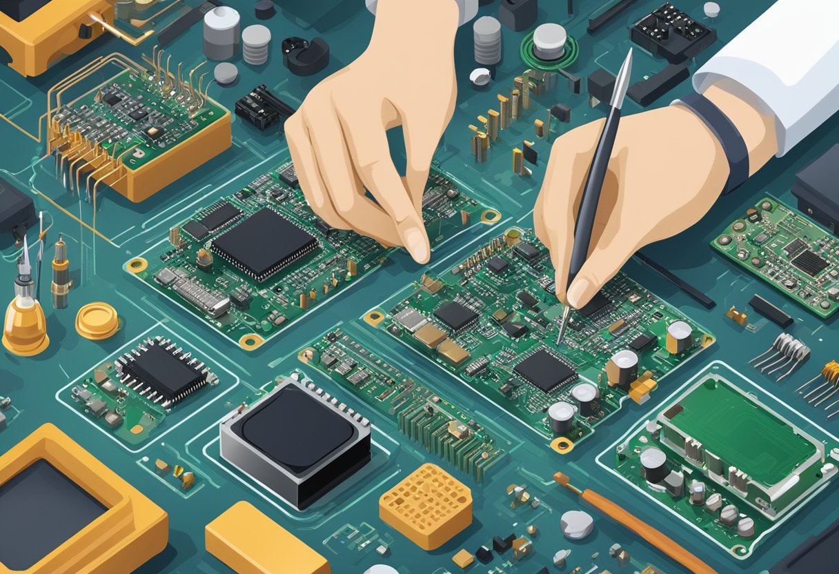 Various electronic components are being carefully placed and soldered onto a printed circuit board by a skilled technician in a clean and organized workspace