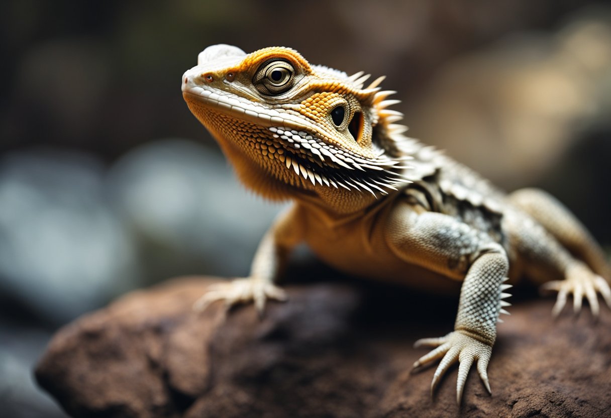 A bearded dragon sits on a warm rock, basking under a heat lamp. Its belly is full, showing no signs of hunger