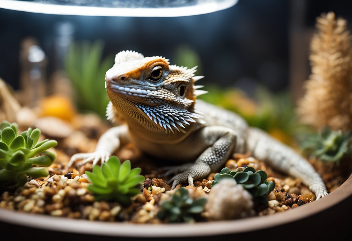 A bearded dragon sits in its terrarium, surrounded by heat lamps and a variety of food options. Its empty food dish sits nearby, as it basks under the heat lamp, waiting for its next meal