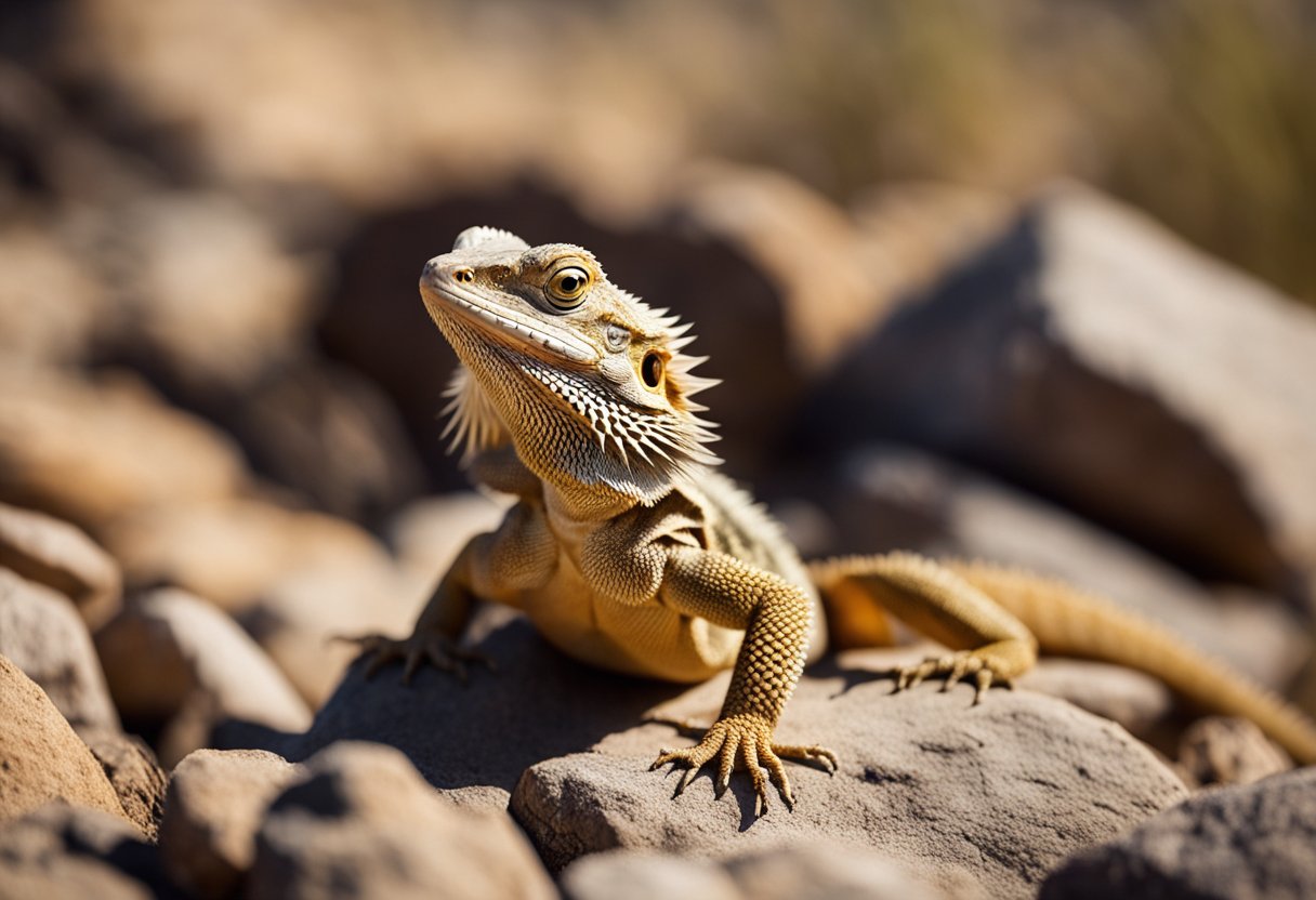 A bearded dragon sits alone in a desert landscape, surrounded by rocks and sparse vegetation. Its eyes are drooping, and its body is noticeably thinner, indicating its struggle to survive without food