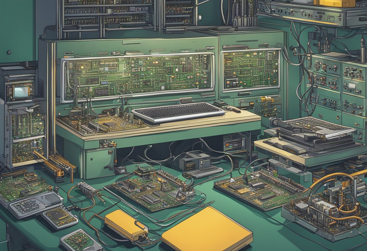 A technician reviews a stack of circuit boards, surrounded by soldering equipment and testing devices