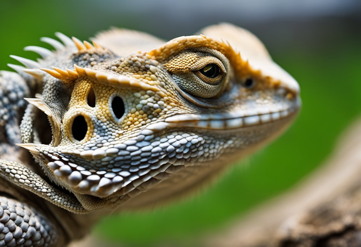A bearded dragon lies lethargic, ribs protruding, eyes sunken. Its skin appears dull and dry, lacking the usual luster. The once vibrant colors of its scales have faded, and it appears weak and emaciated