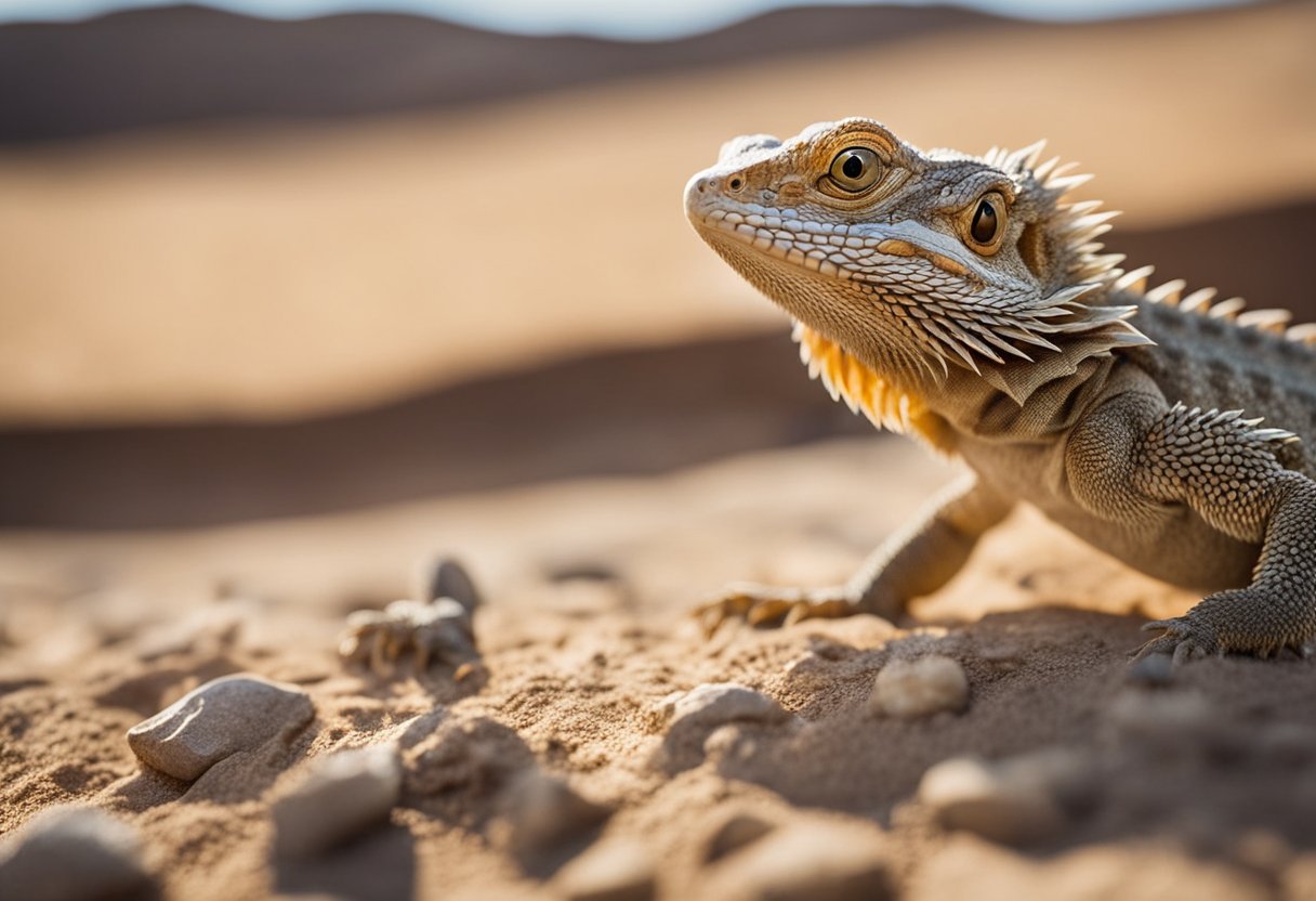 A bearded dragon sits on a barren desert landscape, its body showing signs of malnutrition. Its eyes are sunken, and its skin is dull and flaky. The dragon's empty food dish sits nearby