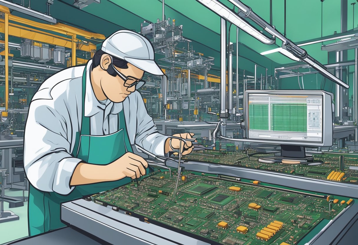 An electronic PCB assembly is being meticulously soldered and inspected in a state-of-the-art facility in the USA