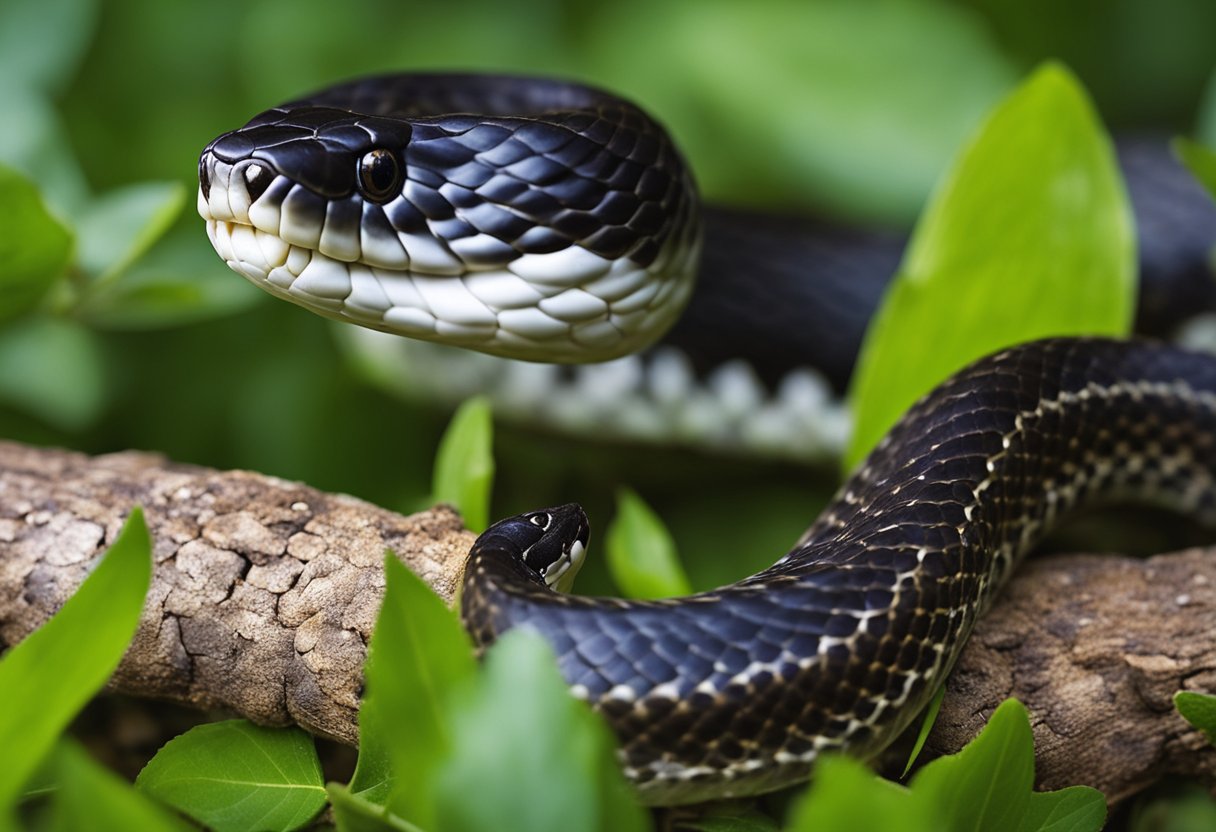 A snake coiling around a rodent, devouring it whole. The background shows changing seasons, from lush greenery to bare branches