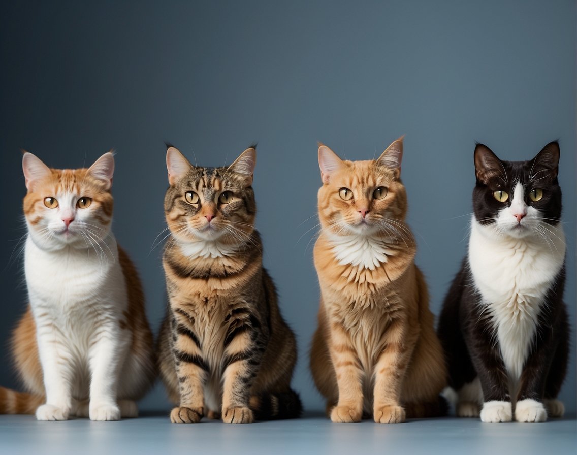 A group of cats of varying breeds stand side by side, showcasing the differences in their heights. The tallest and shortest breeds are highlighted, providing a clear visual representation of the range in cat sizes