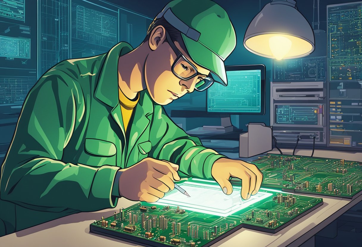 An inspector examines PCB assembly under bright light