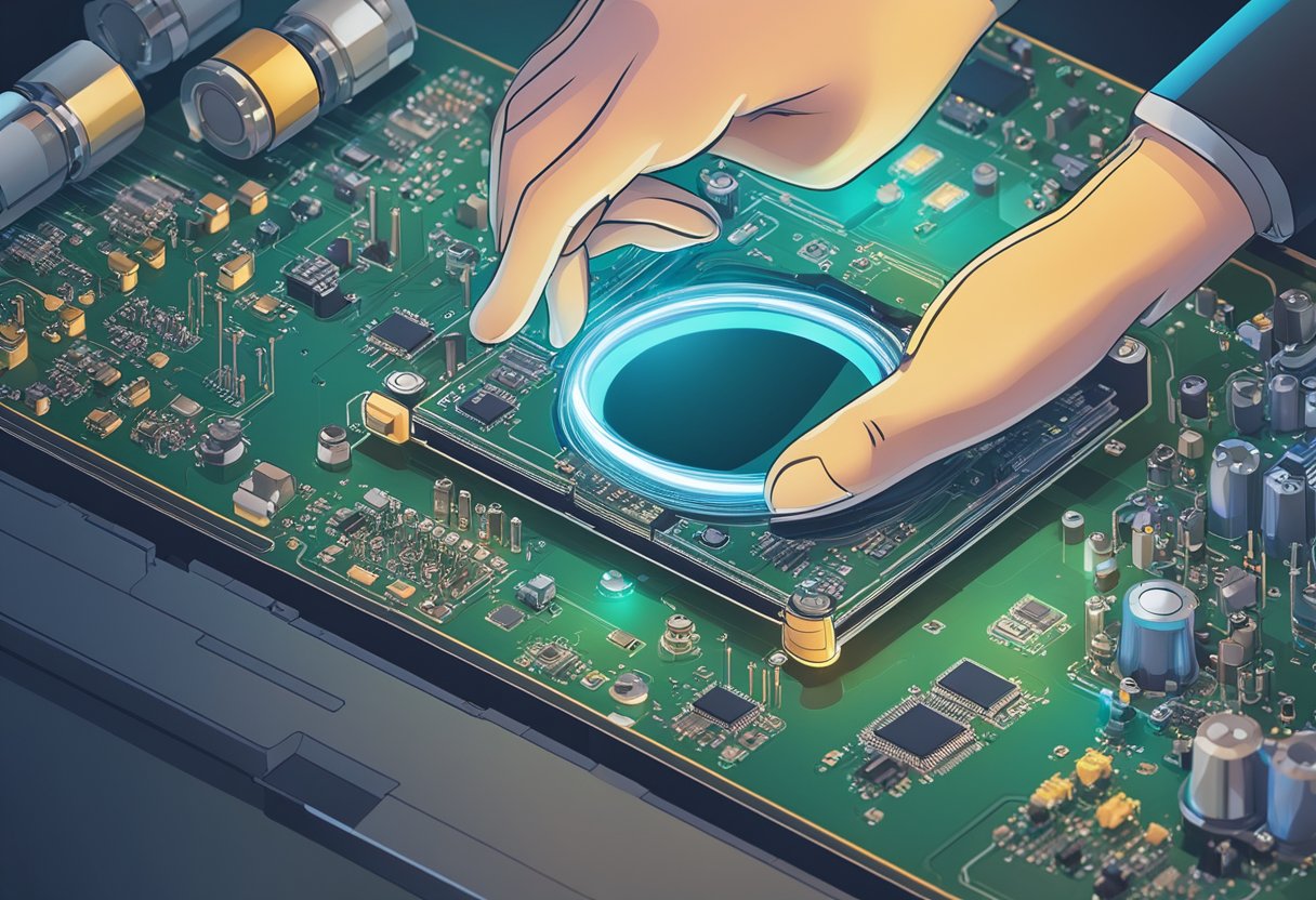 A PCB assembly under bright lighting, with a magnifying glass inspecting solder joints and components for defects