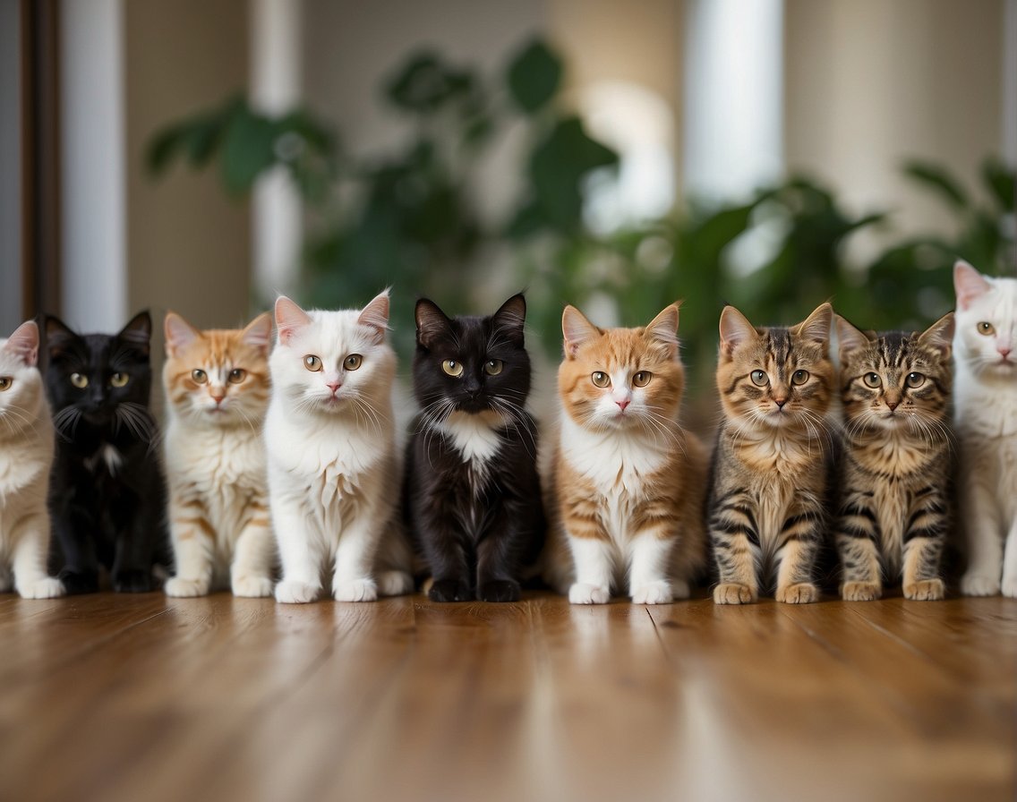 Cats of various breeds stand in a line, showcasing their different heights. The tallest and shortest breeds are positioned at either end for comparison