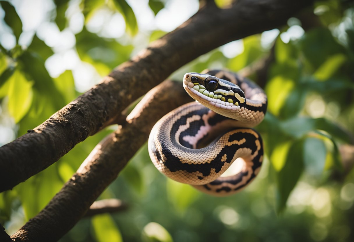 A pink ball python coils around a tree branch, its smooth scales glistening in the sunlight