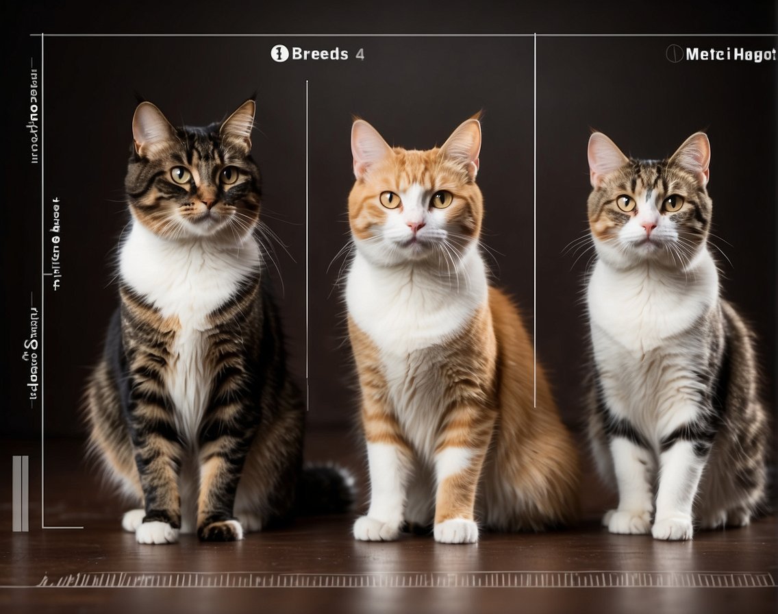 Various cats of different breeds standing next to height measurement markings, showcasing the tallest and shortest breeds