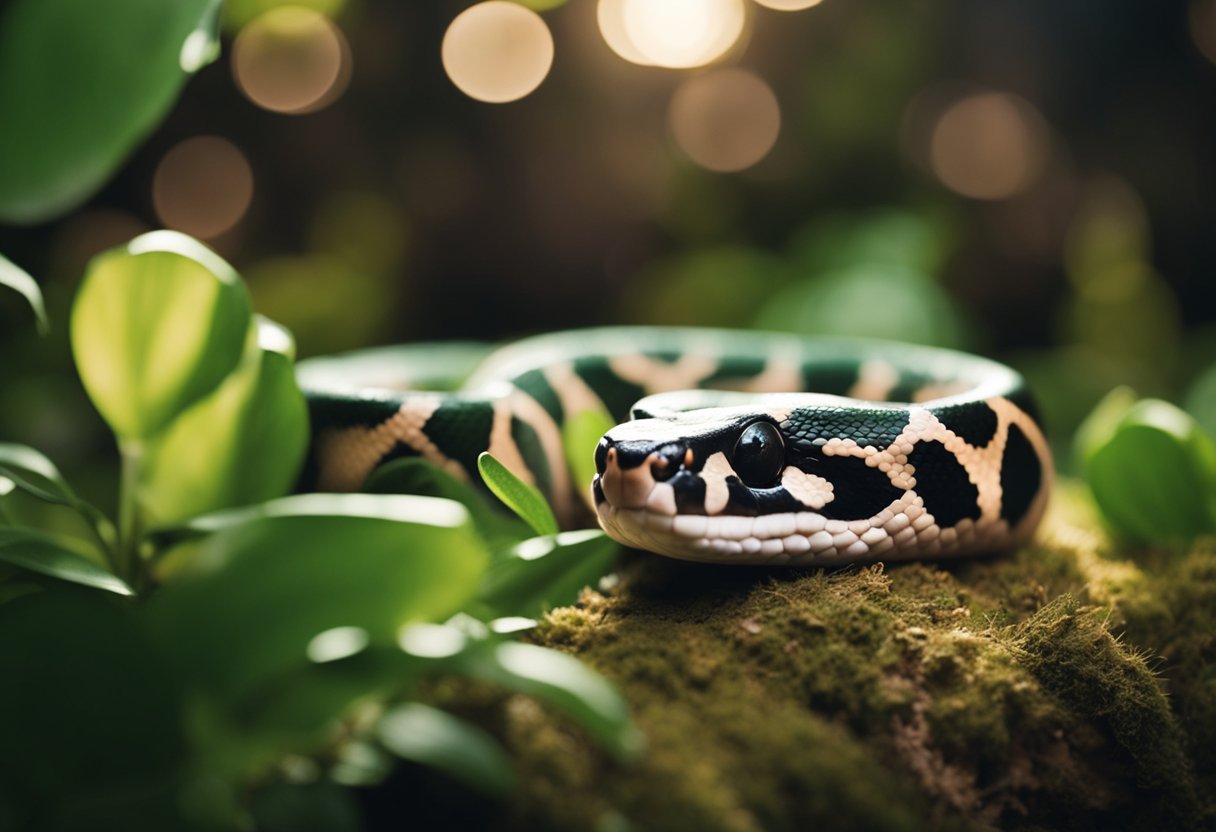 A pink ball python rests on a bed of green leaves, basking under a warm spotlight in a cozy terrarium