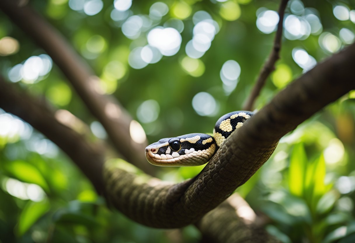A pink ball python coils around a tree branch in a lush, tropical forest, its scales shimmering in the dappled sunlight