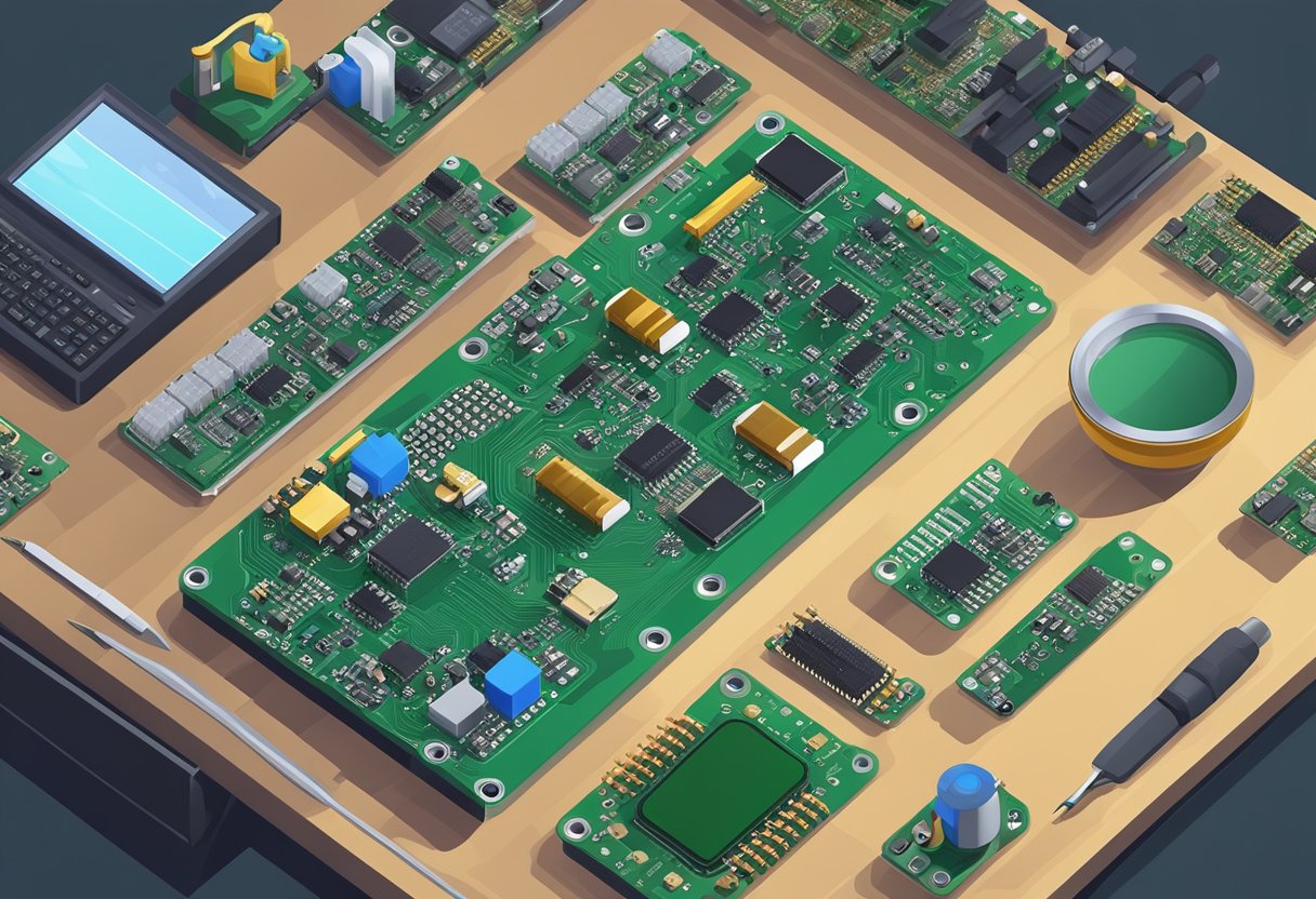 A circuit board with electronic components being assembled on a workbench