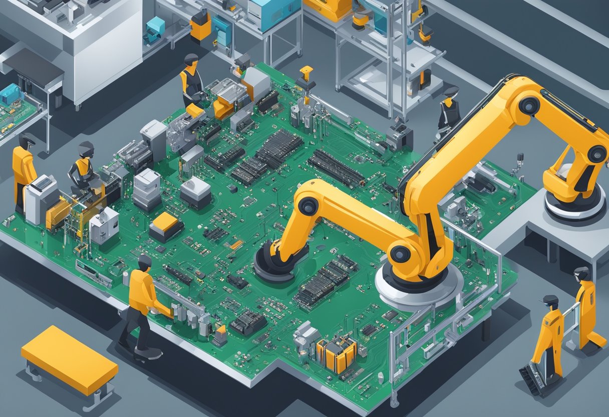 A circuit board with BGA components being assembled by robotic arms and conveyor belts in a modern manufacturing facility