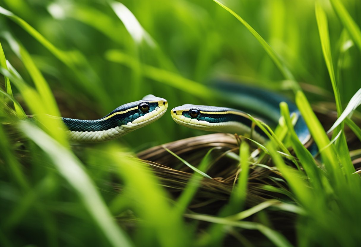 A ribbon snake and garter snake slither through the tall grass, their vibrant colors contrasting against the greenery. Their bodies twist and coil as they engage in a subtle dance, their eyes fixed on each other in a silent standoff