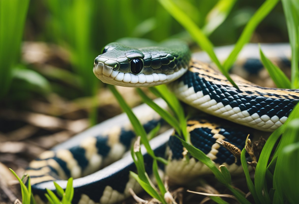 Two snakes slither through a grassy wetland. Ribbon snake has distinct stripes, while garter snake has a checkered pattern. They both blend into the lush environment