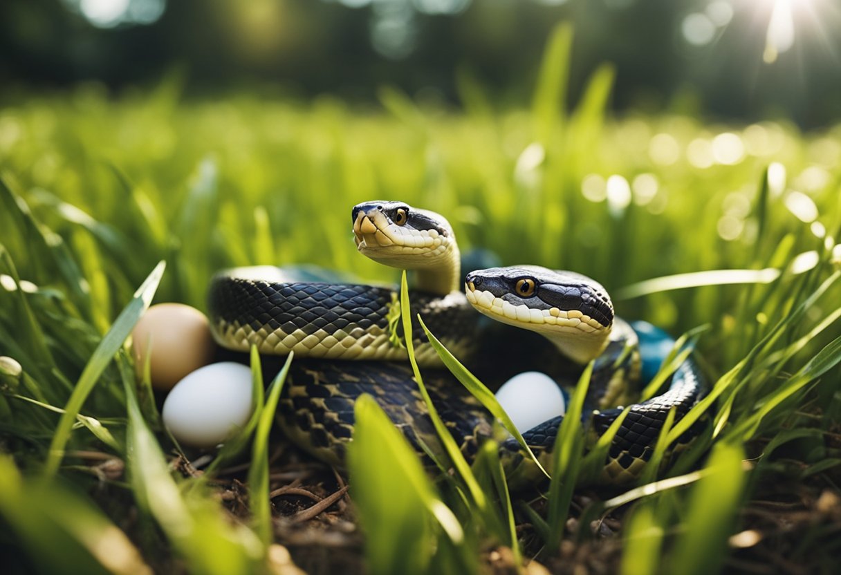 Two snakes slithering through grass, one with a ribbon pattern and the other with stripes, surrounded by eggs and young hatchlings