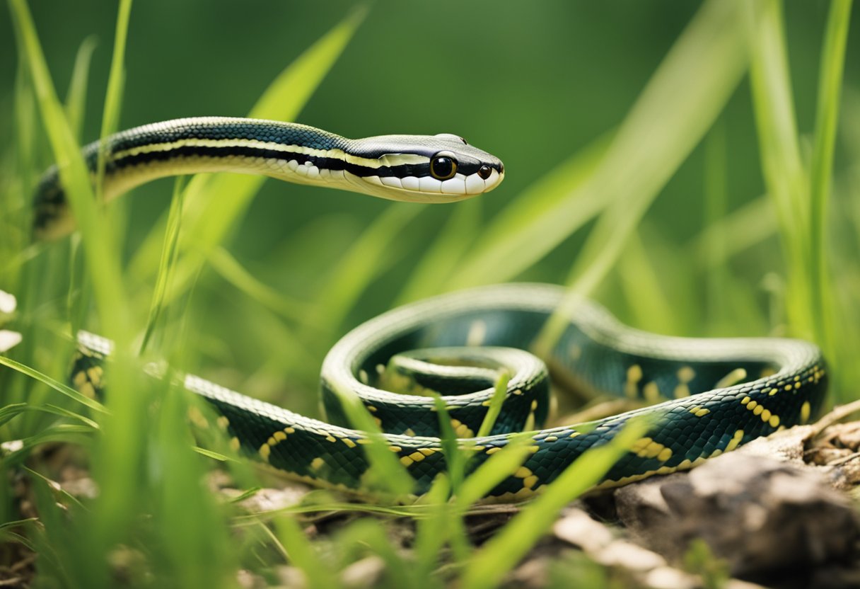 A ribbon snake slithers gracefully through tall grass, while a garter snake moves more cautiously, flicking its tongue to sense its surroundings