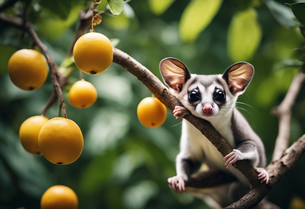 A sugar glider perched on a branch, surrounded by various fruits and insects. Its eyes gleam with curiosity as it surveys the cost price tag nearby