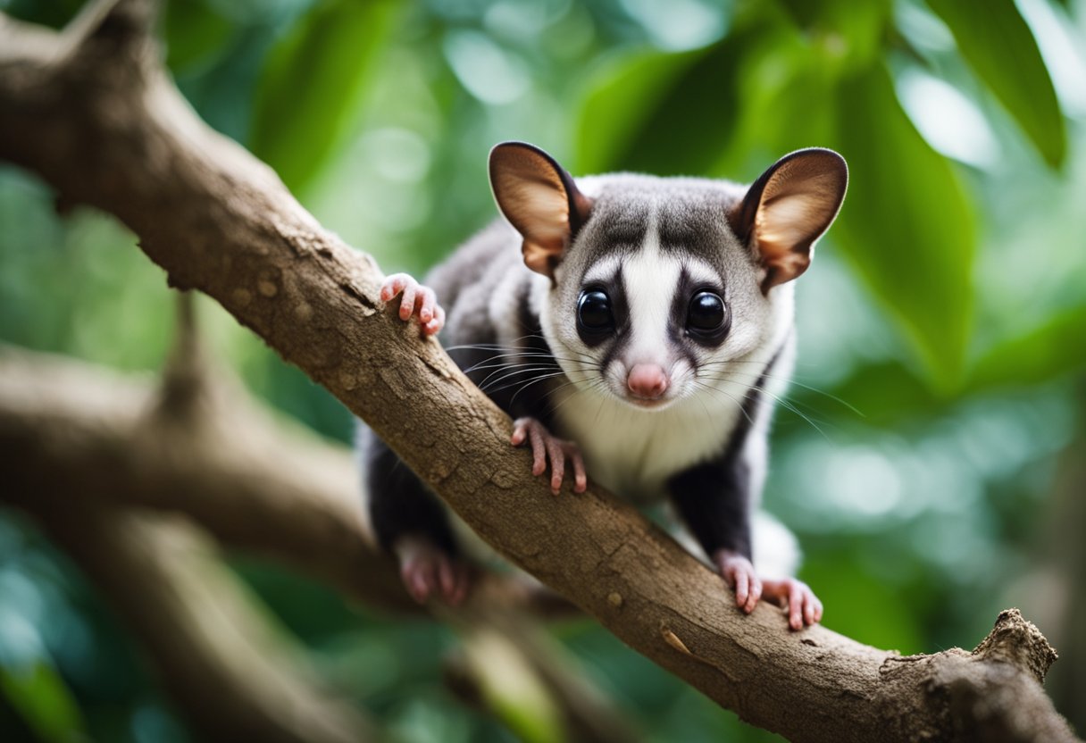 A sugar glider perches on a tree branch in its natural habitat, surrounded by lush foliage. Nearby, a cozy nest made of leaves and twigs represents its housing